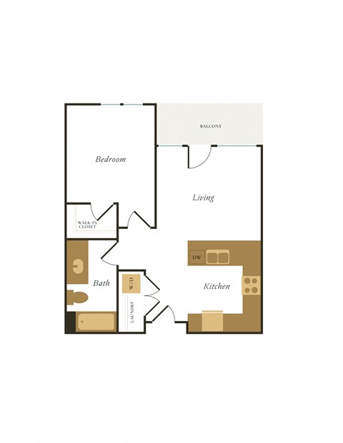 Floor plan for 1 bed, 1 bath, 637 sqft